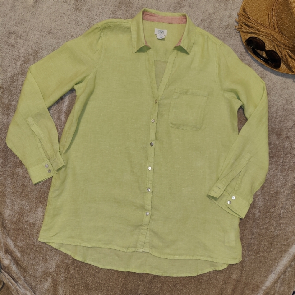 Sigrid Olsen Lime Green linen Button Down Shirt, Size M